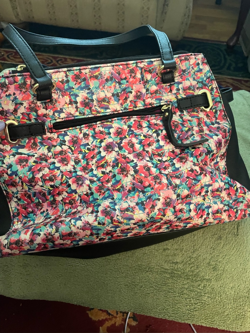 Floral Print Purse  with Black Trim - Pink Multicolor